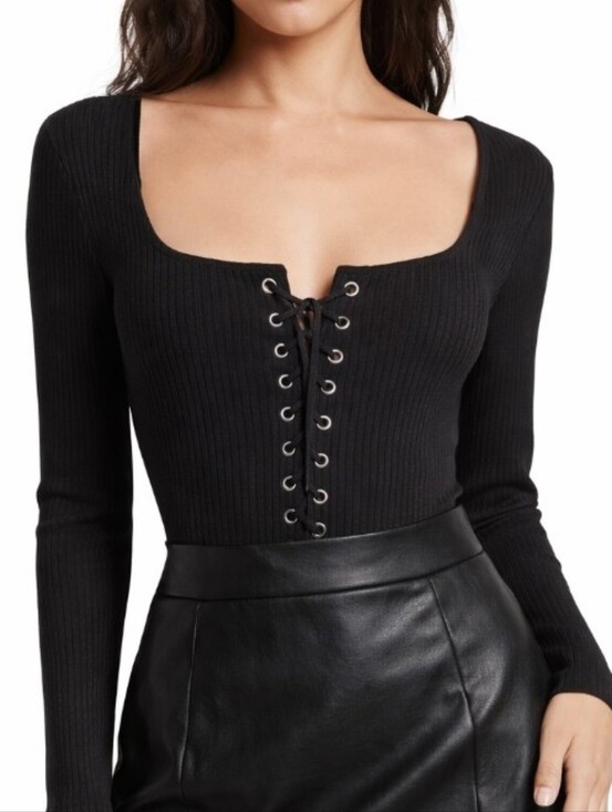 Forever 21 Tops - Forever 21 Lace Up Ribbed Bodysuit Top Black Large